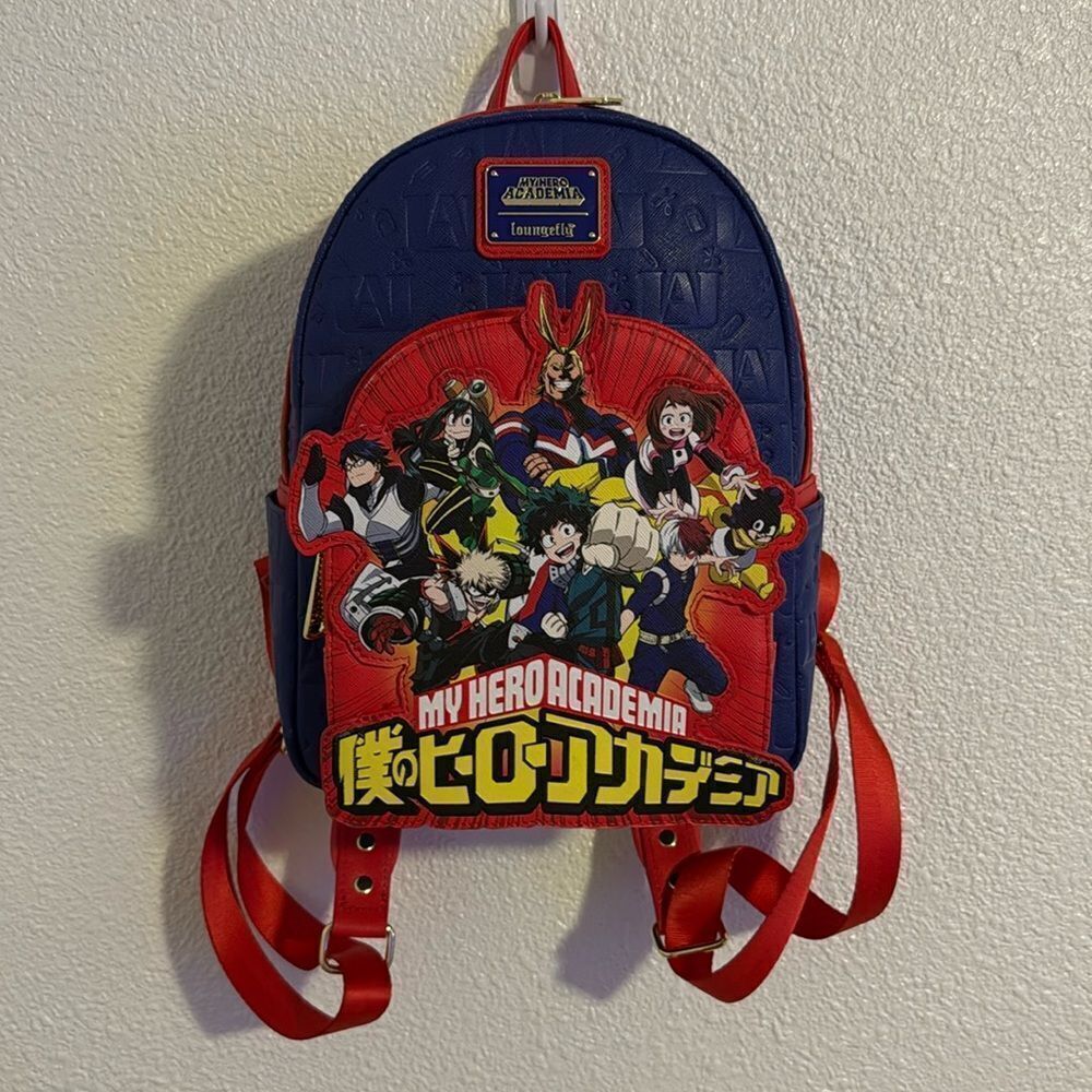 NEW-Loungefly- My Hero Academia Group Debossed Logo Mini Backpack Anime-blue/red